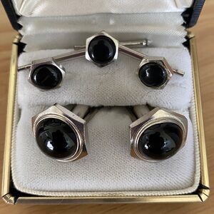 Silvertone Black Cufflinks and Shirt Stud Set